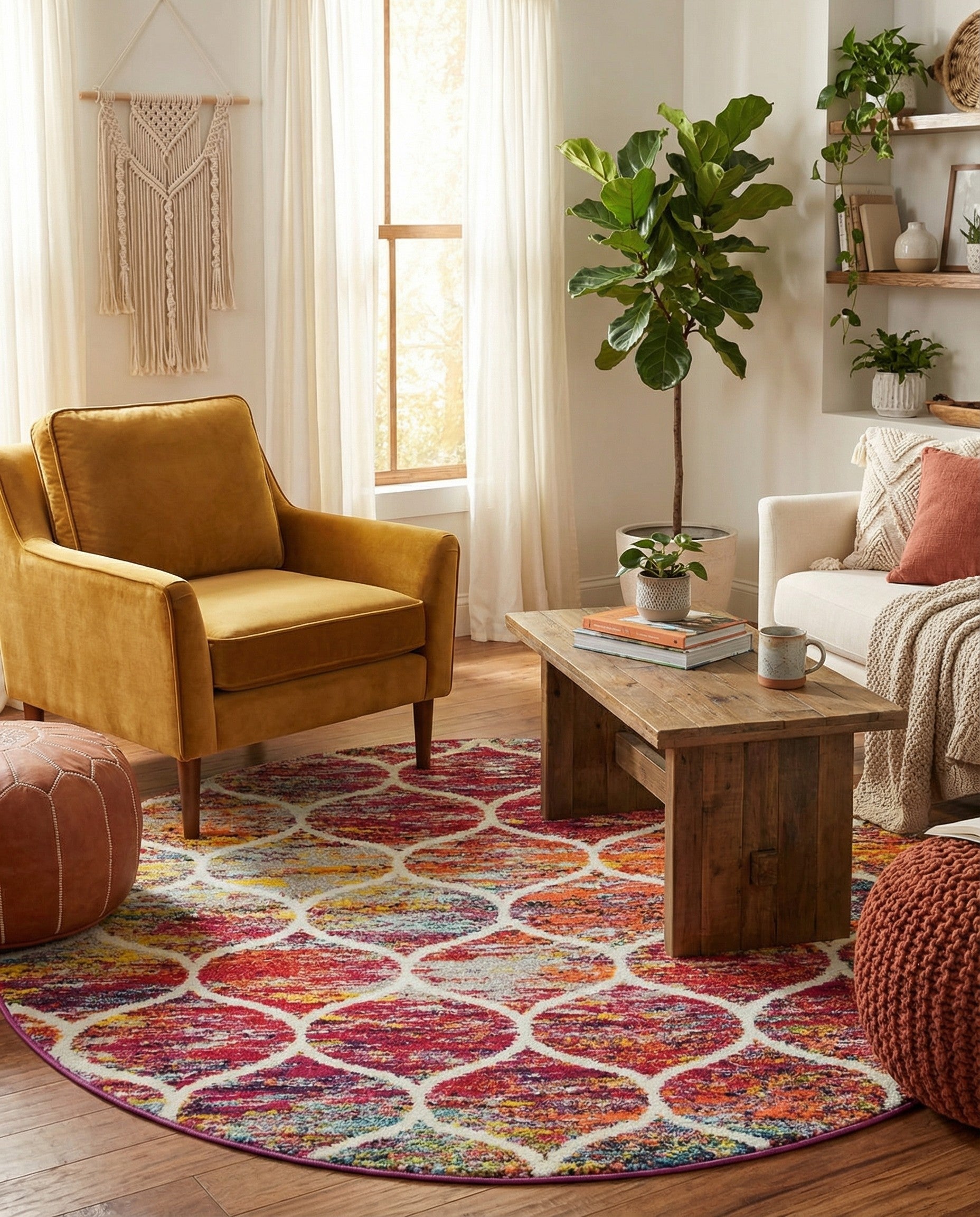 A 5' 3 round multi-colored modern trellis rug with a vibrant abstract pattern and white lattice overlay.