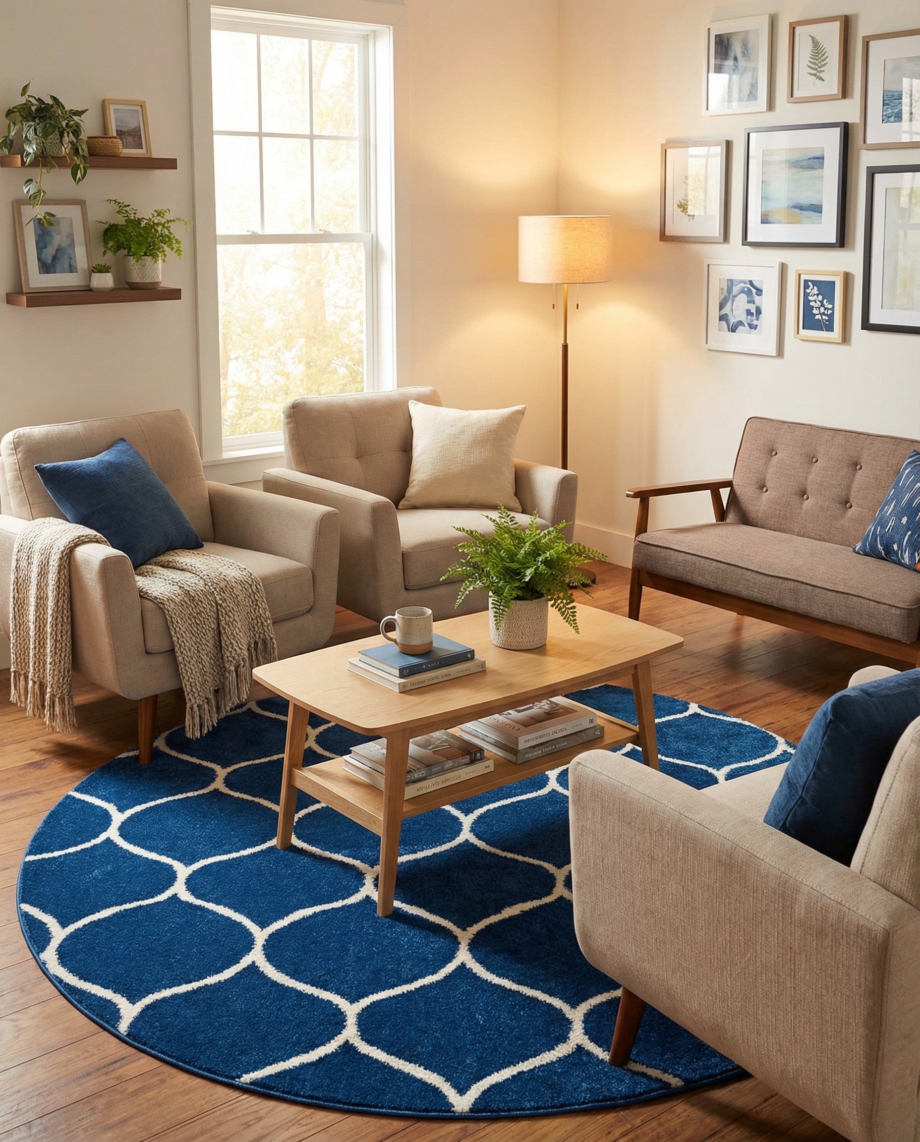 A 6' 0 x 6' 0 round navy blue rug with a modern white trellis pattern, suitable for indoor spaces.