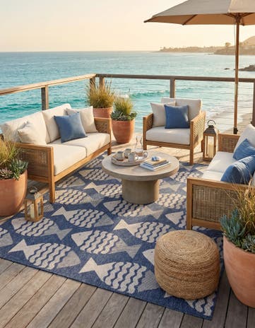 Navy Blue and Ivory Easy-Clean Coastal Indoor / Outdoor Rug