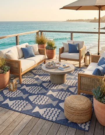 Navy Blue and Ivory Easy-Clean Coastal Indoor / Outdoor Rug
