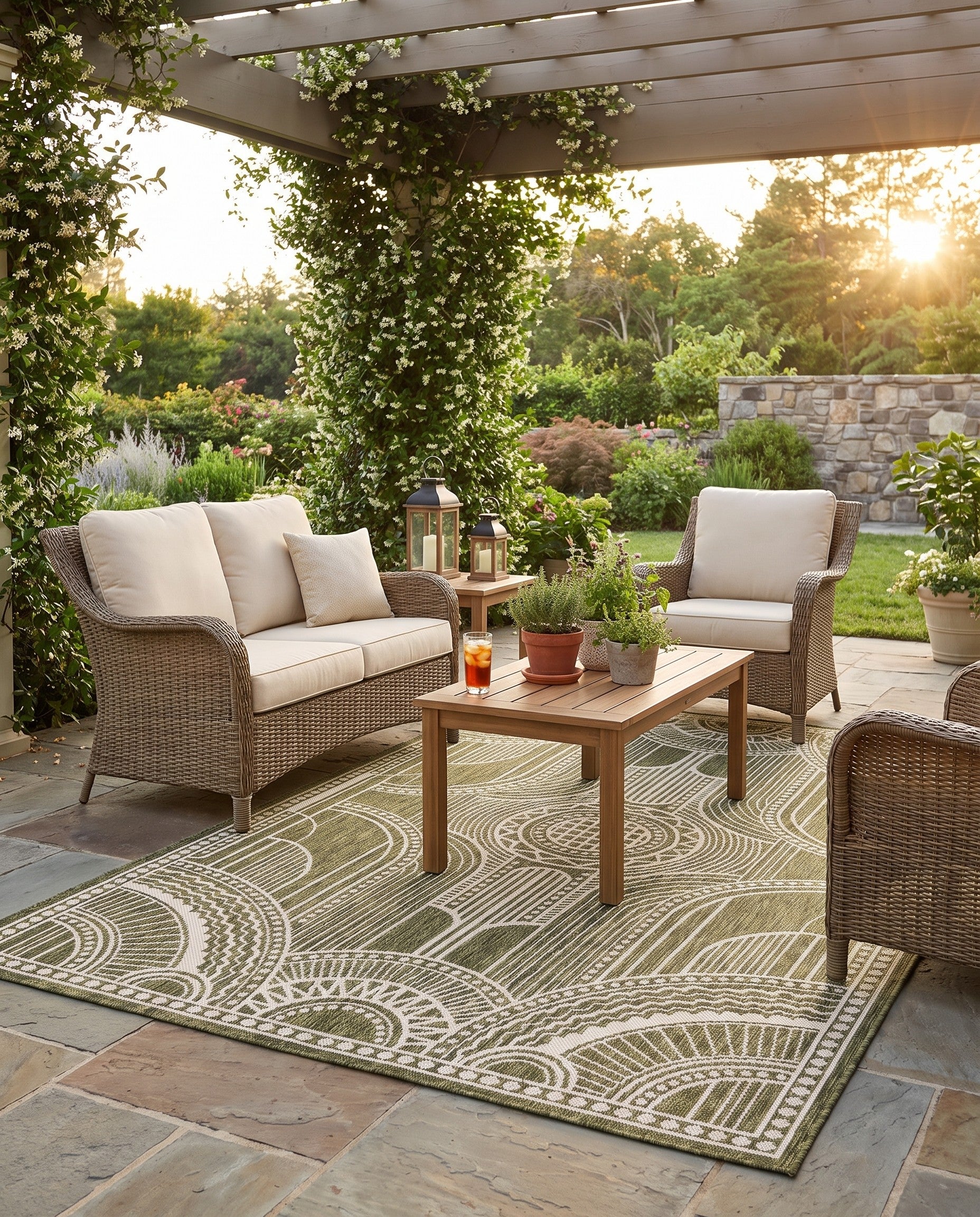 Green Easy-Clean Traditional Indoor / Outdoor Rug