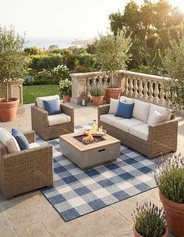 Blue Easy-Clean Checkered Indoor / Outdoor Square Rug