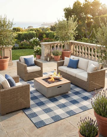 Blue Easy-Clean Checkered Indoor / Outdoor Square Rug