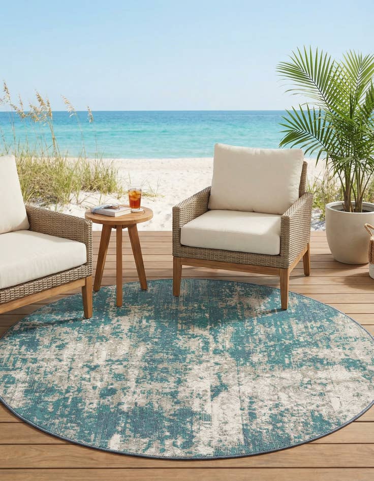 Detail image of 7' x 7' Washable Coastal Indoor / Outdoor Round Rug