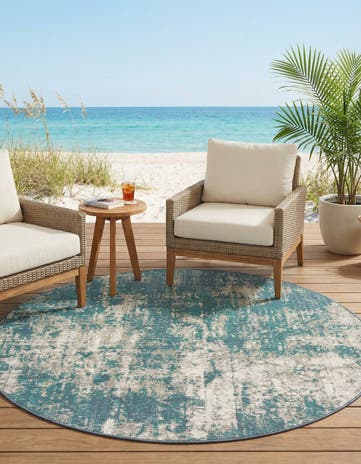 Blue Easy-Clean Coastal Indoor / Outdoor Round Rug