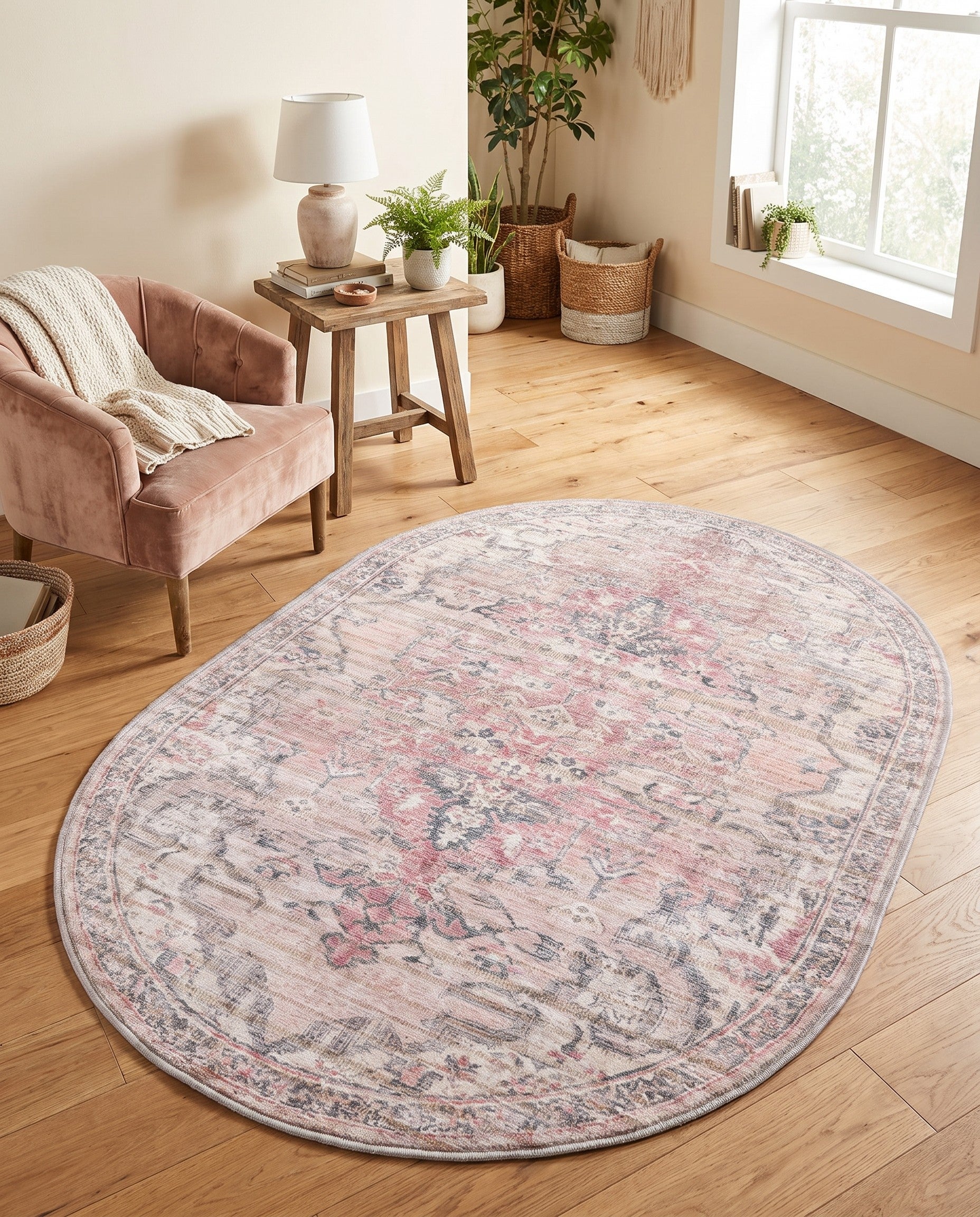 Beige pink Washable Nostalgia Oval Rug