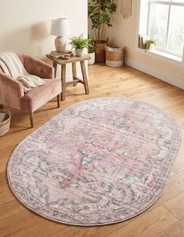 Beige pink Washable Nostalgia Oval Rug