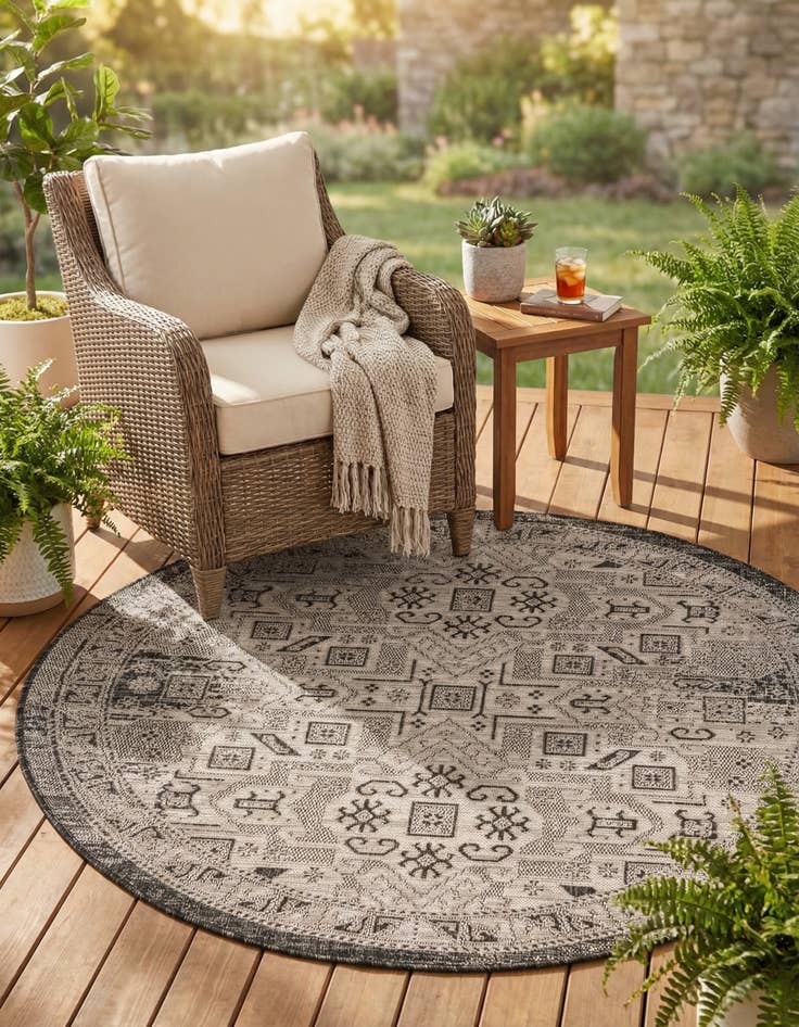 Detail image of 5' 3 x 5' 3  Washable Aztec Indoor / Outdoor Round Rug