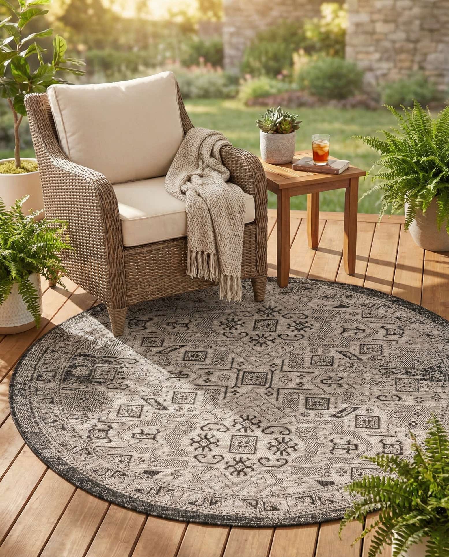 5' 3 x 5' 3 Easy-Clean Aztec Indoor / Outdoor Round Rug