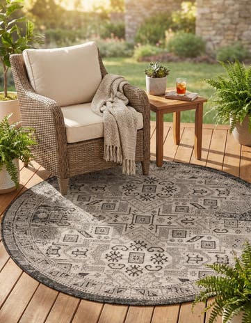 Charcoal Gray Easy-Clean Aztec Indoor / Outdoor Round Rug