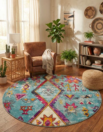 Turquoise Washable Santa Fe Round Rug