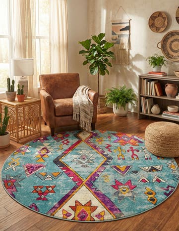 Turquoise Washable Santa Fe Round Rug