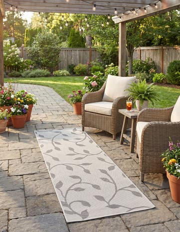 Gray Easy-Clean Botanical Indoor / Outdoor Runner Rug