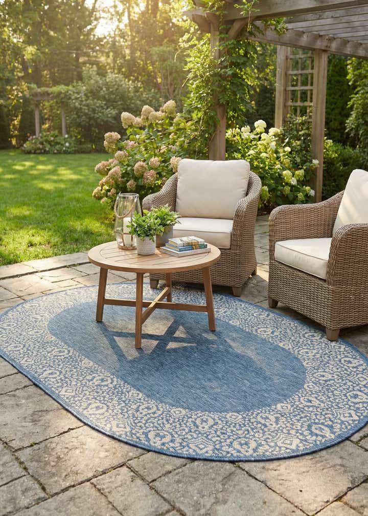 5' 3 x 8' Easy-Clean Border Indoor / Outdoor Oval Rug