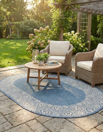 Blue Easy-Clean Border Indoor / Outdoor Oval Rug