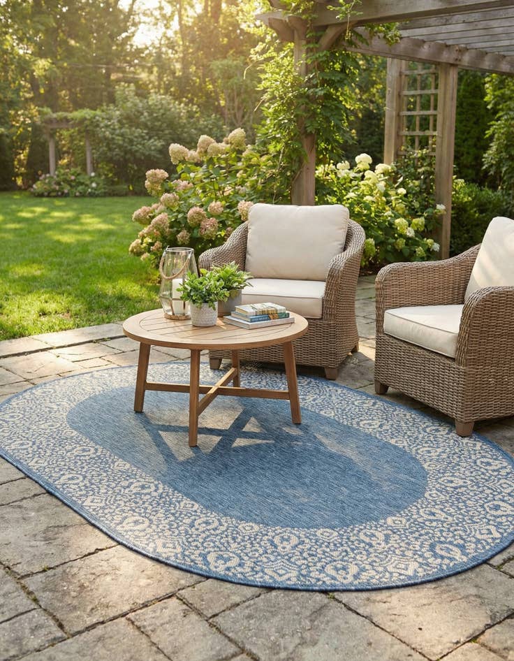 Detail image of 5' 3 x 8' Easy-Clean Border Indoor / Outdoor Oval Rug