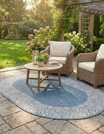 Blue Easy-Clean Border Indoor / Outdoor Oval Rug