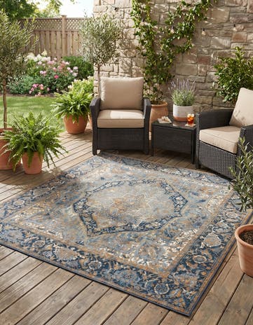 Blue Easy-Clean Traditional Indoor / Outdoor Square Rug