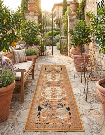 Black Gold Brown Easy-Clean Traditional Indoor / Outdoor Runner Rug