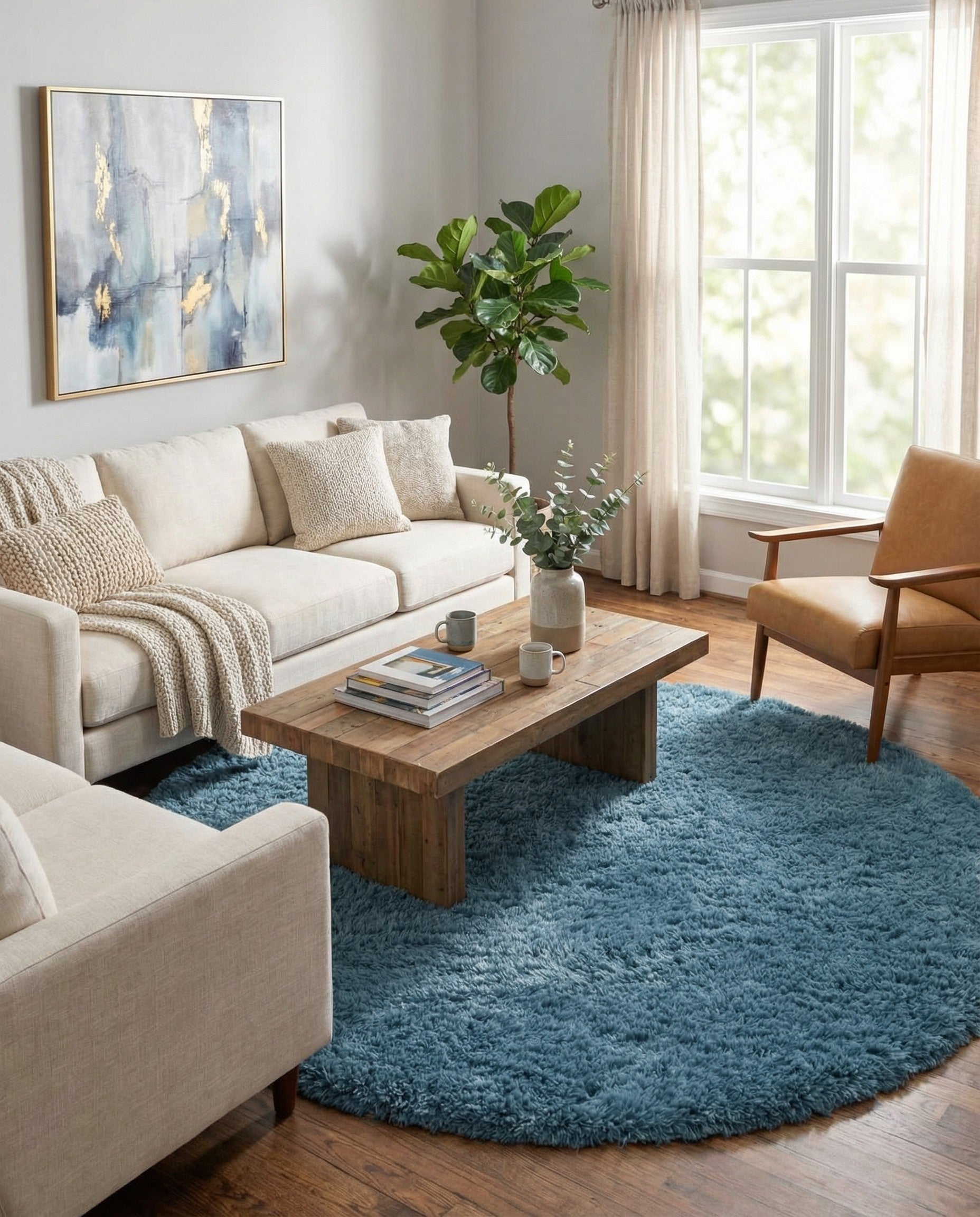 A soft, plush 6' round blue shag rug with a textured pile, ideal for adding comfort to any indoor space.