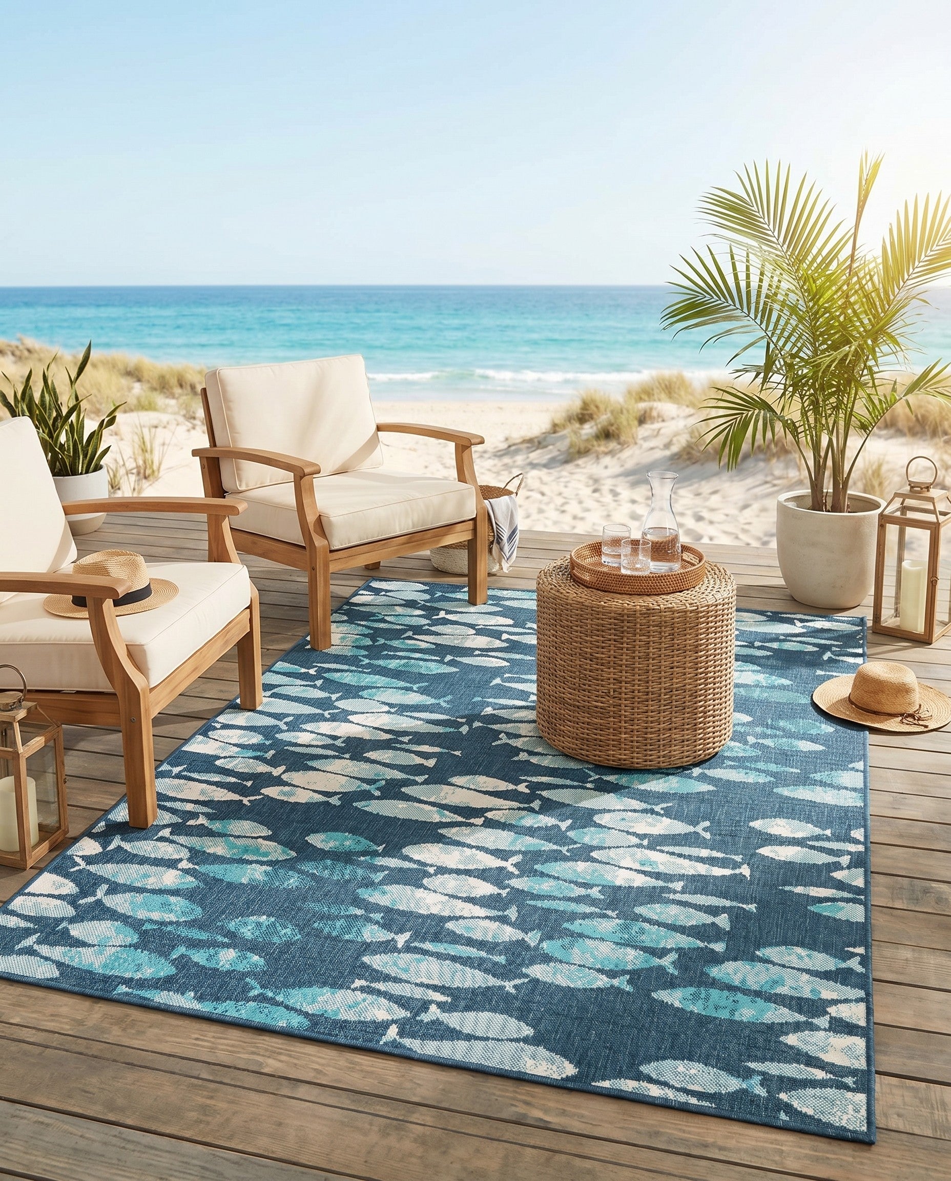 Blue Easy-Clean Coastal Indoor / Outdoor Rug