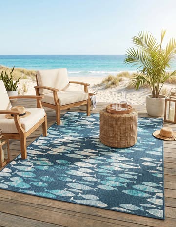 Blue Easy-Clean Coastal Indoor / Outdoor Rug
