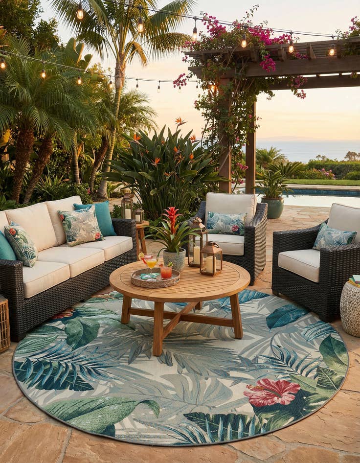 Detail image of 7' 10 x 7' 10 Washable Botanical Indoor / Outdoor Round Rug