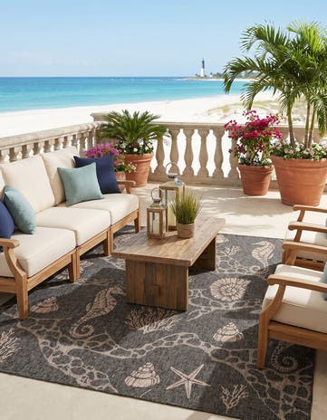 Black Easy-Clean Coastal Indoor / Outdoor Square Rug