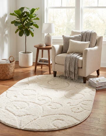 Ivory Botanical Shag Oval Rug