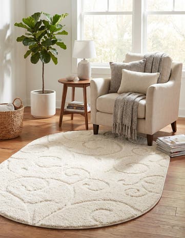 Ivory Botanical Shag Oval Rug