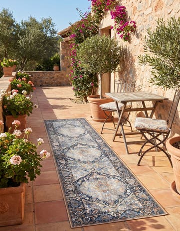 Blue Easy-Clean Traditional Indoor / Outdoor Runner Rug