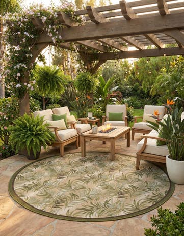 Green Easy-Clean Botanical Indoor / Outdoor Round Rug