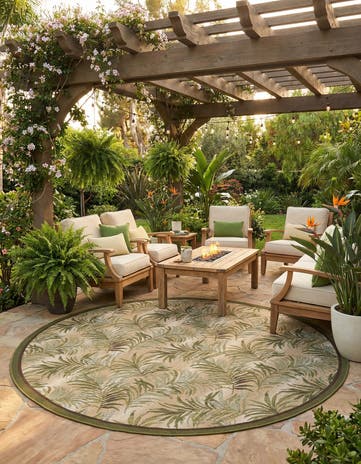 Green Easy-Clean Botanical Indoor / Outdoor Round Rug