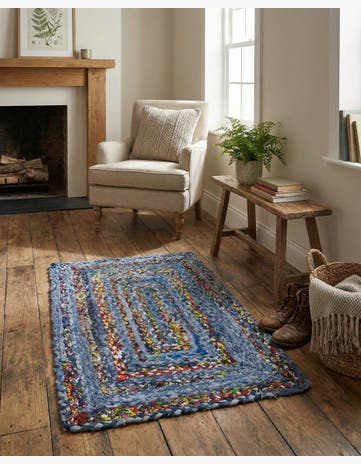 Blue and Multi Handmade Braided Chindi Rug