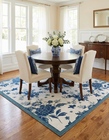 Ivory and Blue Blossom Square Rug
