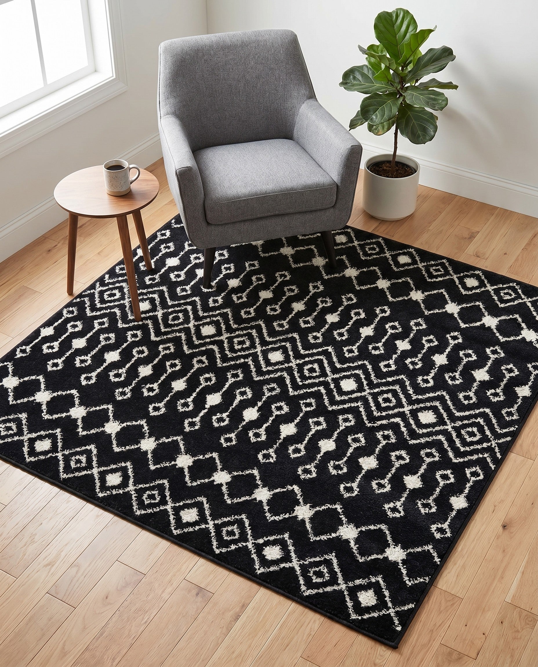 Black and White Moroccan Trellis Square Rug