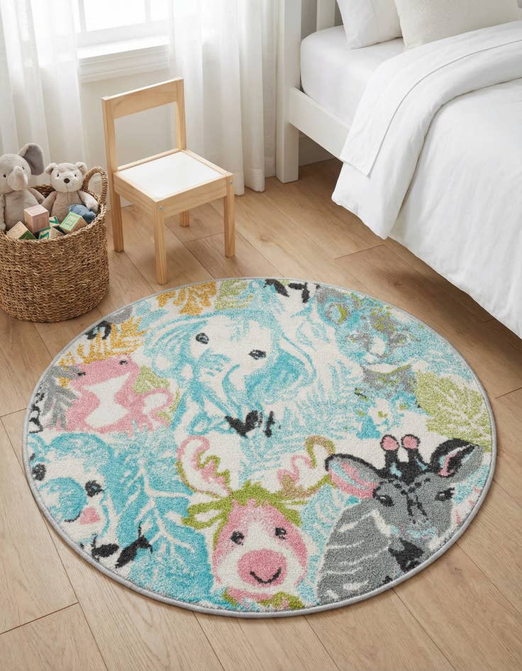 Detail image of 3' x 3' Animals Whimsy Kids Round Rug