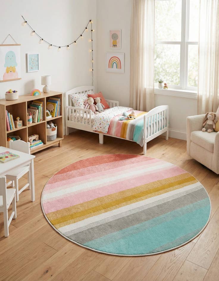 Detail image of 6' 1 x 6' 1 Rainbow Stripes Whimsy Kids Round Rug