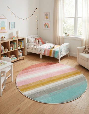 6' 1 x 6' 1 Rainbow Stripes Whimsy Kids Round Rug