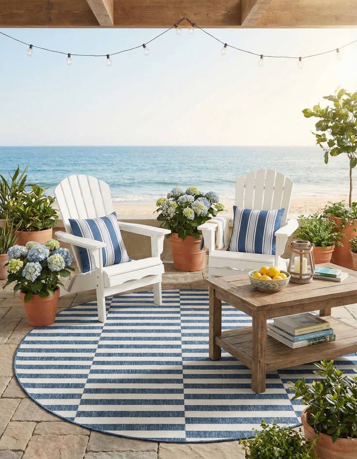 Detail image of 7' 10 x 7' 10 Easy-Clean Striped Indoor / Outdoor Round Rug