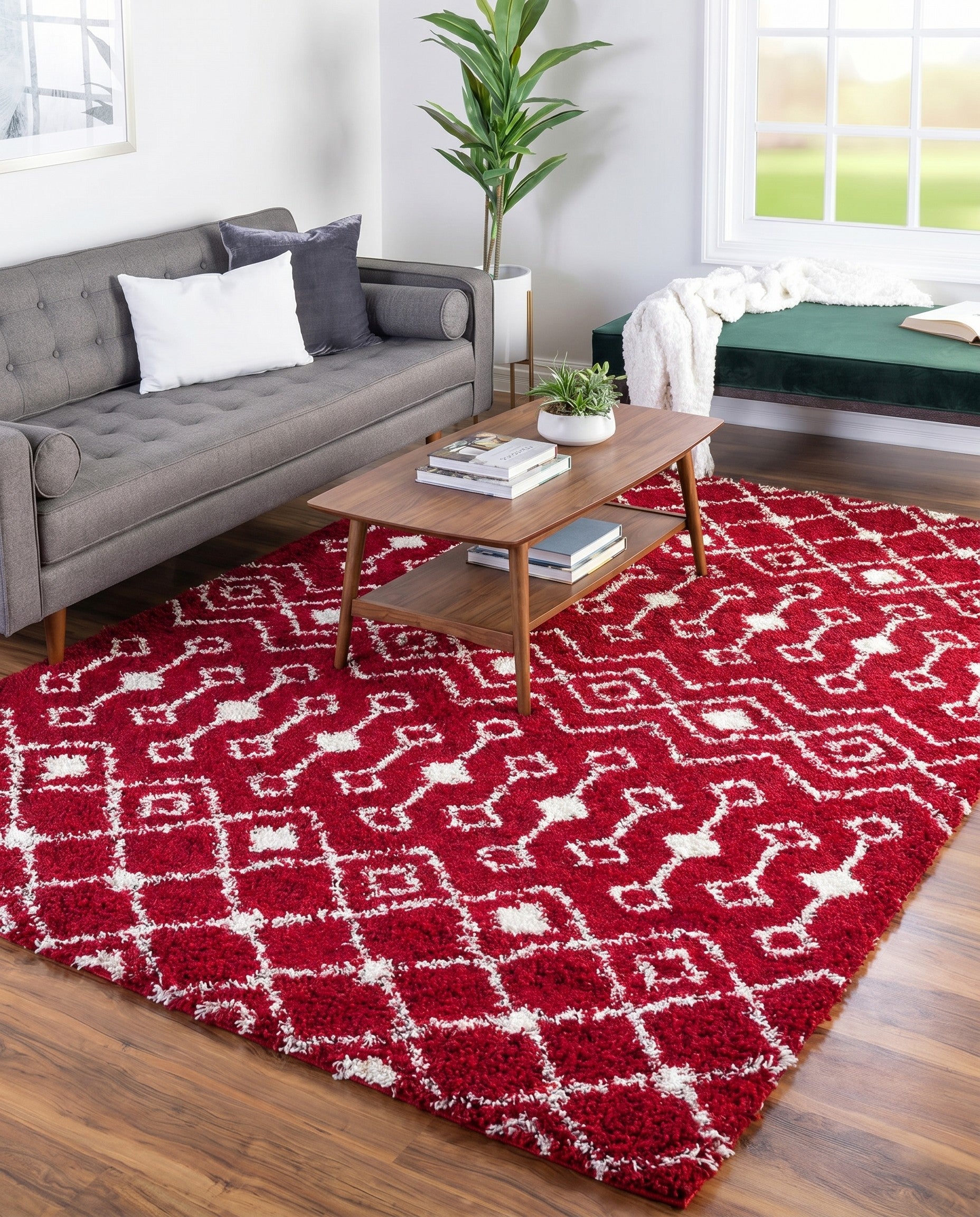 Burgundy Red Moroccan Trellis Shag Rug