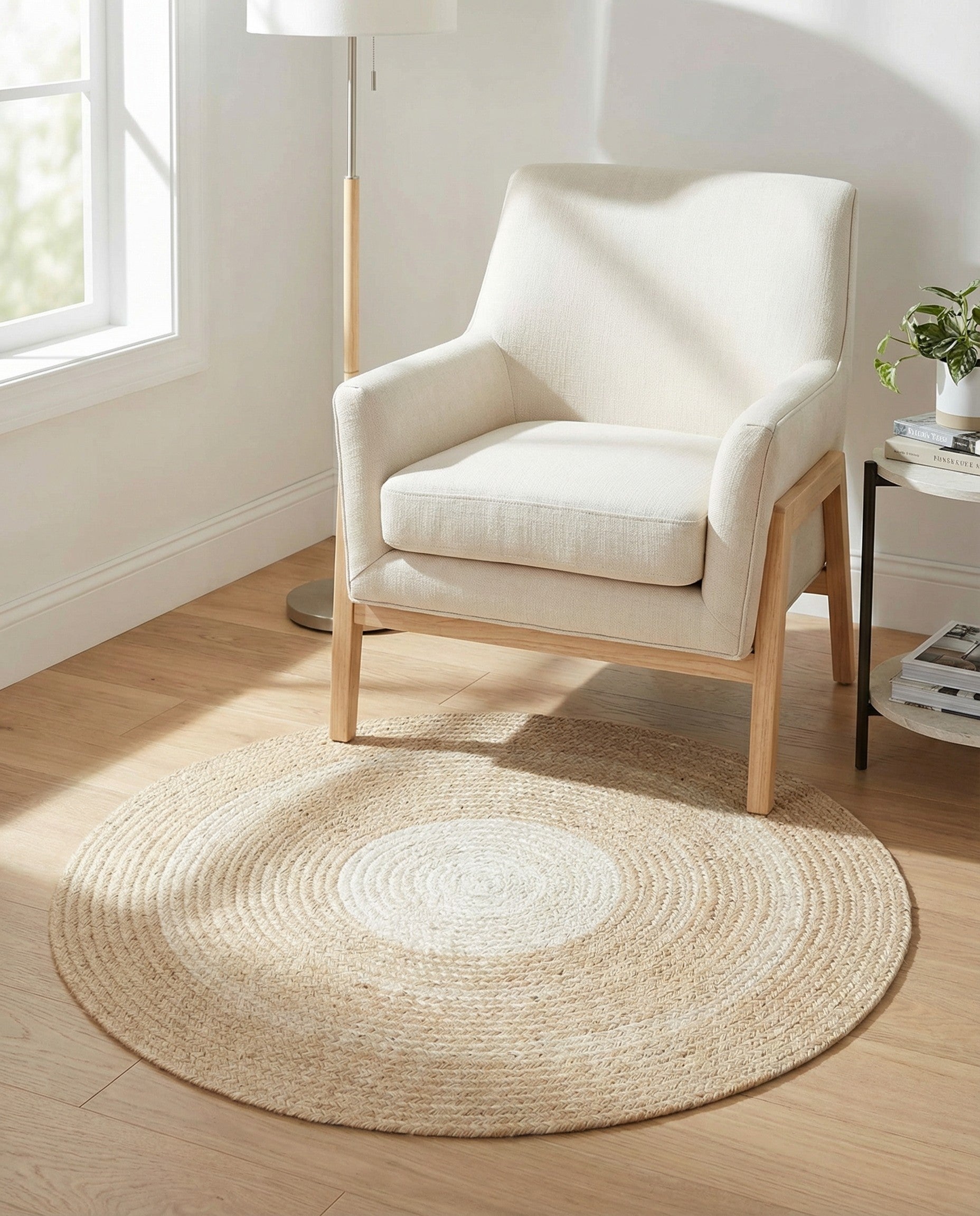 A 3' 1 x 3' 1 round hand-braided wool rug featuring a modern ivory and cream design with a white center.