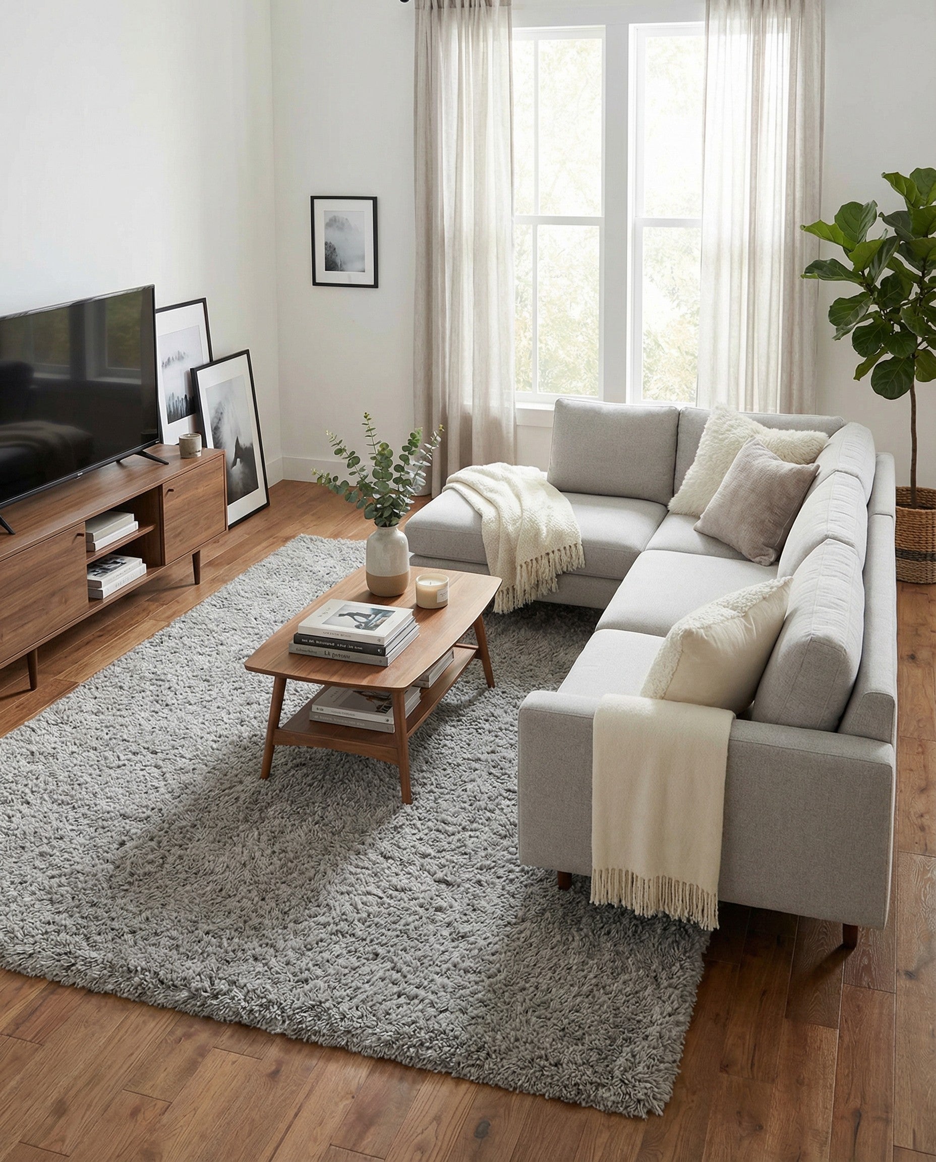 A soft, plush 8x10 rectangular gray shag rug with a textured pile, ideal for a modern living room or bedroom.