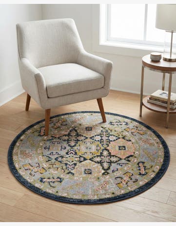 Blue and Green Kamala Washable Round Rug