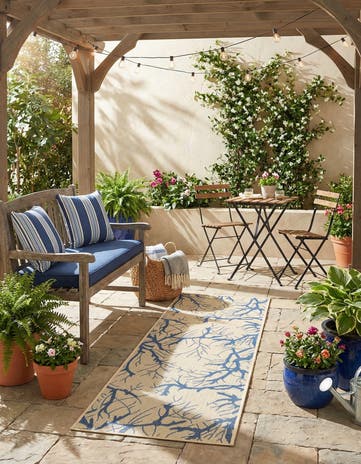 Beige and Blue Easy-Clean Botanical Indoor / Outdoor Runner Rug