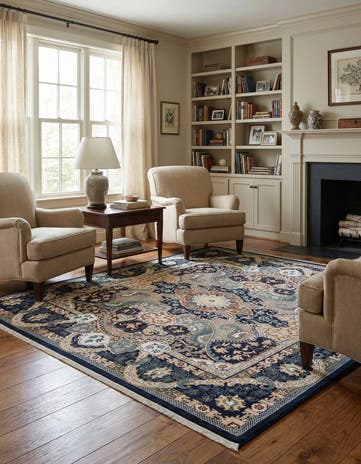 Navy Blue Nain Design Square Rug