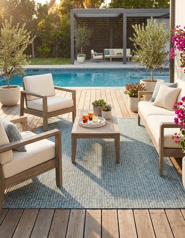Teal Easy-Clean Checkered Indoor / Outdoor Rug