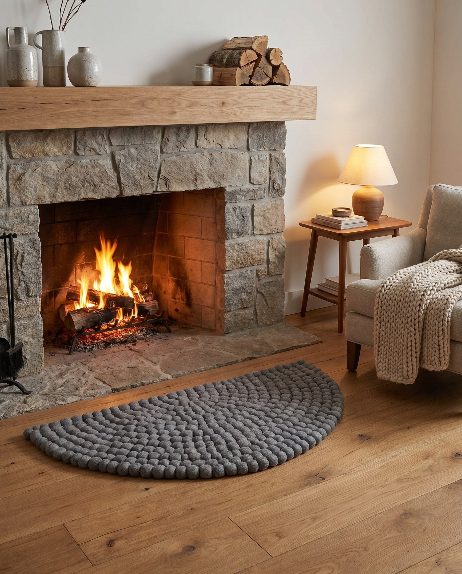 Gray Hand Woven Felt Ball Wool Hearth Rug