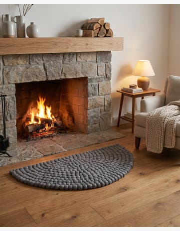 Gray Hand Woven Felt Ball Wool Hearth Rug