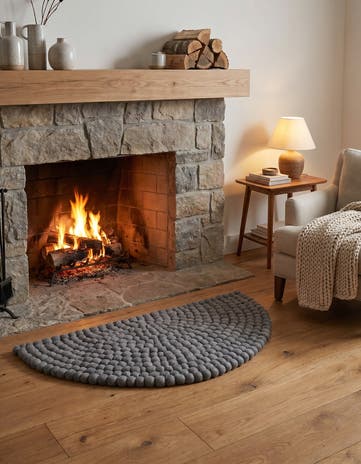 Gray Hand Woven Felt Ball Wool Hearth Rug